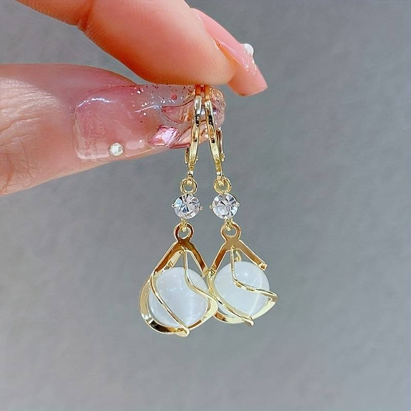 Retro White Opal Drop Earrings with Gold Accents