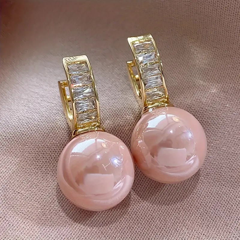 Gold Earrings with Pink Pearl and Zirconia Accents