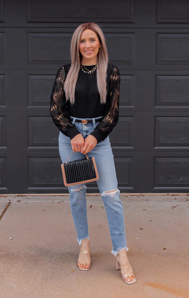 Waffle-Knit Top Featuring Sunflower Lace Mesh Sleeves