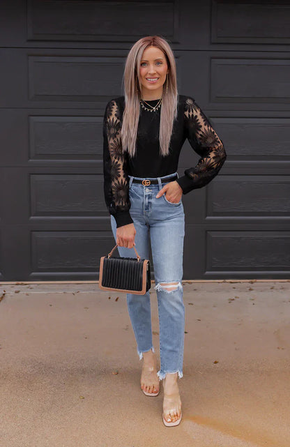 Waffle-Knit Top Featuring Sunflower Lace Mesh Sleeves