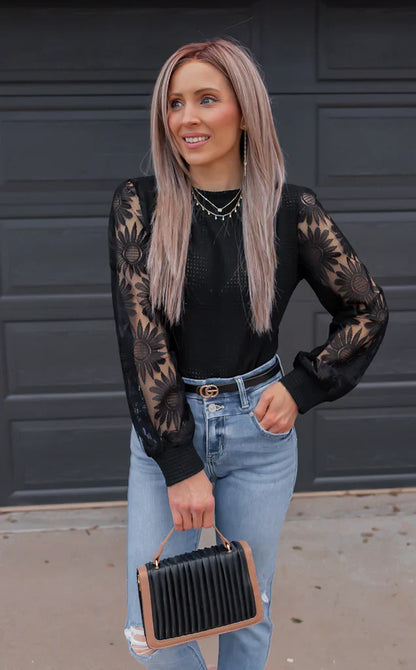 Waffle-Knit Top Featuring Sunflower Lace Mesh Sleeves