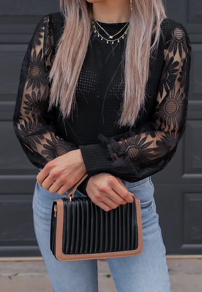 Waffle-Knit Top Featuring Sunflower Lace Mesh Sleeves