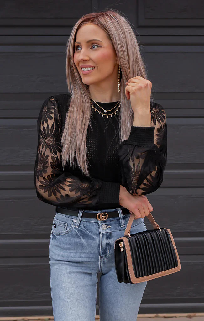 Waffle-Knit Top Featuring Sunflower Lace Mesh Sleeves