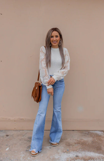 Waffle-Knit Top Featuring Sunflower Lace Mesh Sleeves