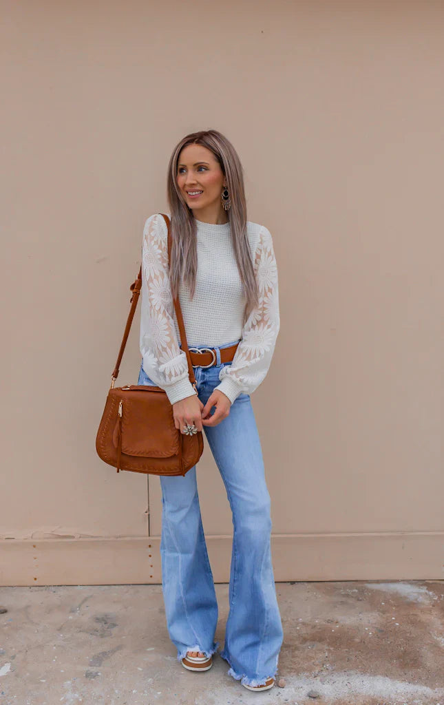 Waffle-Knit Top Featuring Sunflower Lace Mesh Sleeves