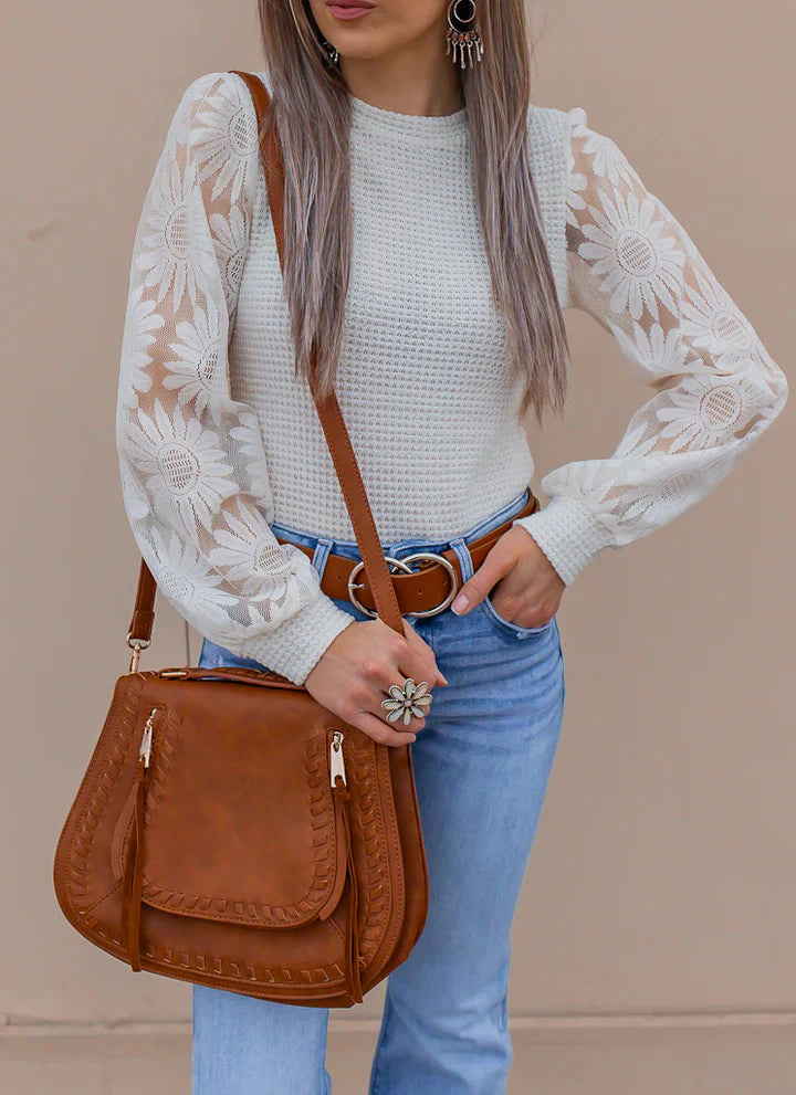 Waffle-Knit Top Featuring Sunflower Lace Mesh Sleeves