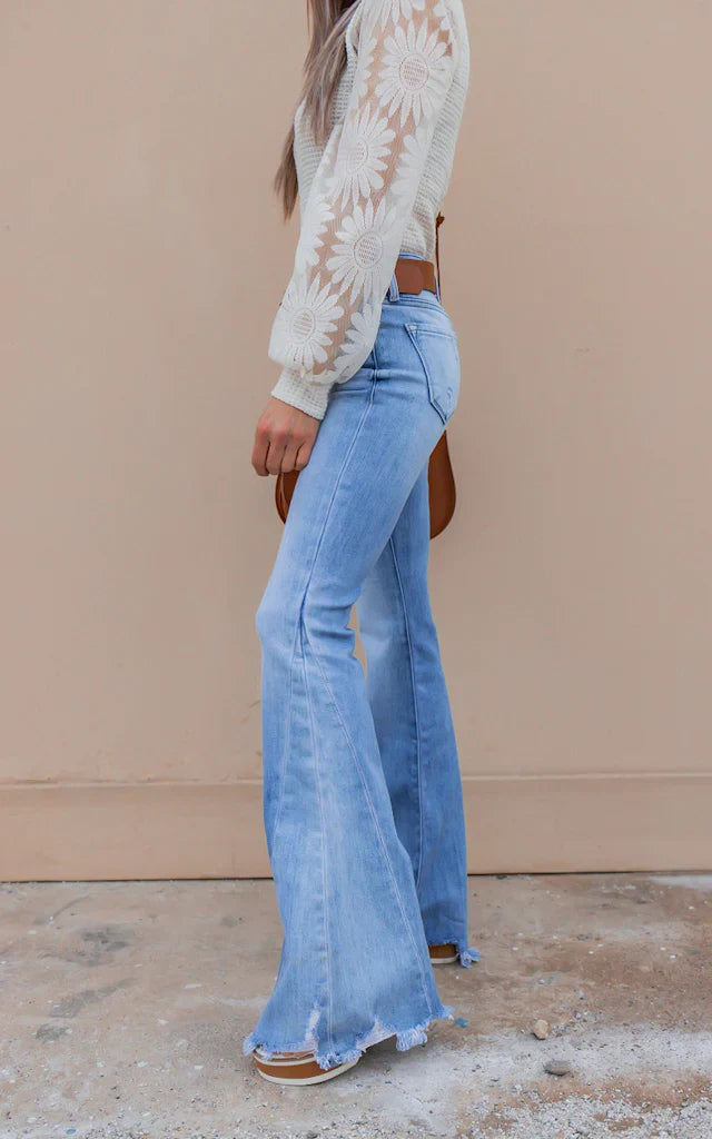 Waffle-Knit Top Featuring Sunflower Lace Mesh Sleeves