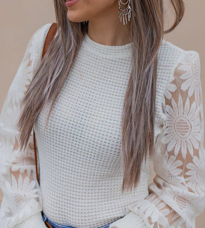 Waffle-Knit Top Featuring Sunflower Lace Mesh Sleeves