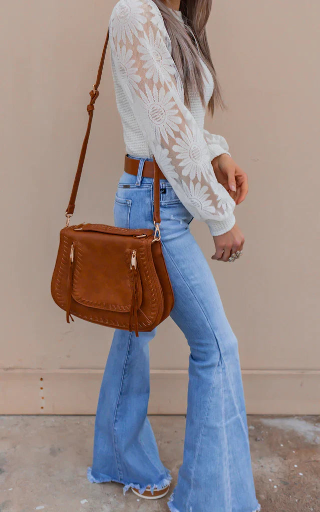 Waffle-Knit Top Featuring Sunflower Lace Mesh Sleeves