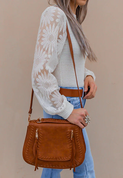 Waffle-Knit Top Featuring Sunflower Lace Mesh Sleeves