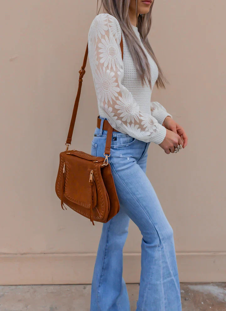 Waffle-Knit Top Featuring Sunflower Lace Mesh Sleeves