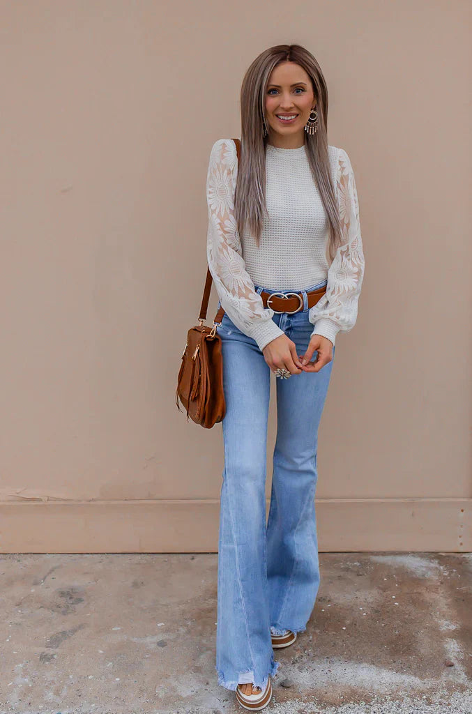 Waffle-Knit Top Featuring Sunflower Lace Mesh Sleeves