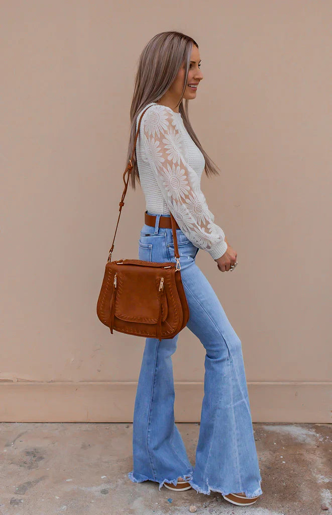 Waffle-Knit Top Featuring Sunflower Lace Mesh Sleeves