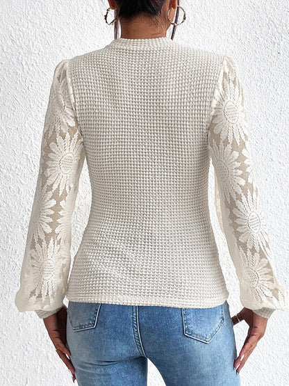 Waffle-Knit Top Featuring Sunflower Lace Mesh Sleeves