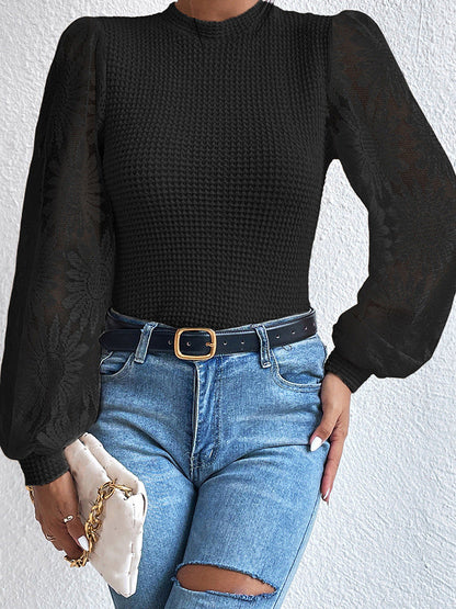 Waffle-Knit Top Featuring Sunflower Lace Mesh Sleeves