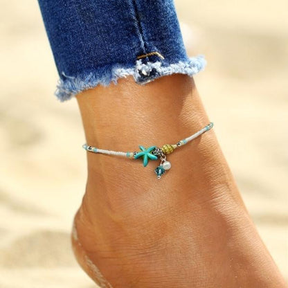 Natural Stone Anklet Bracelet with Star and Shell Accents