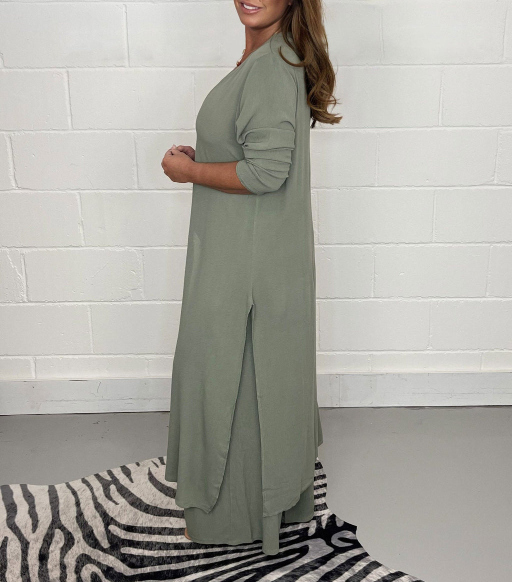 Global Elegance: V-Neck Split Luxe Blouse & Tailored Trousers