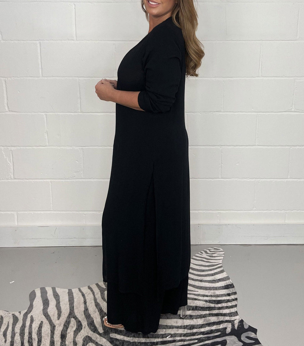 Global Elegance: V-Neck Split Luxe Blouse & Tailored Trousers
