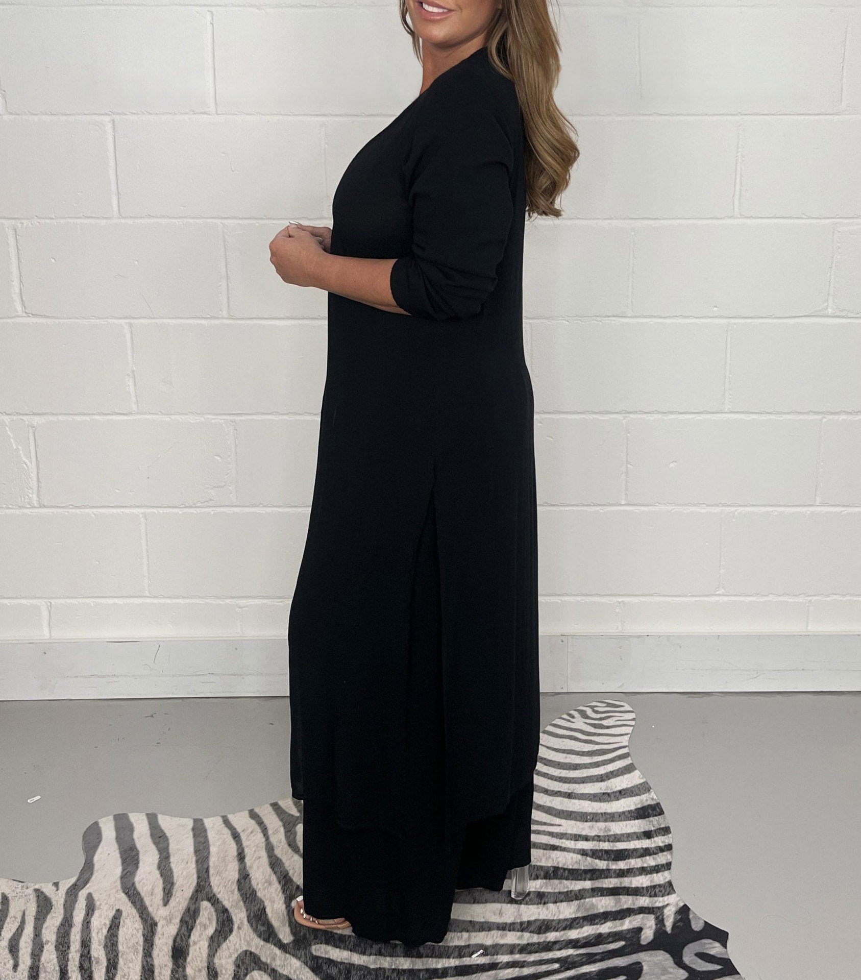 Global Elegance: V-Neck Split Luxe Blouse & Tailored Trousers