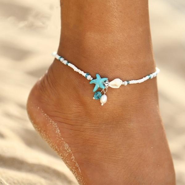 Natural Stone Anklet Bracelet with Star and Shell Accents