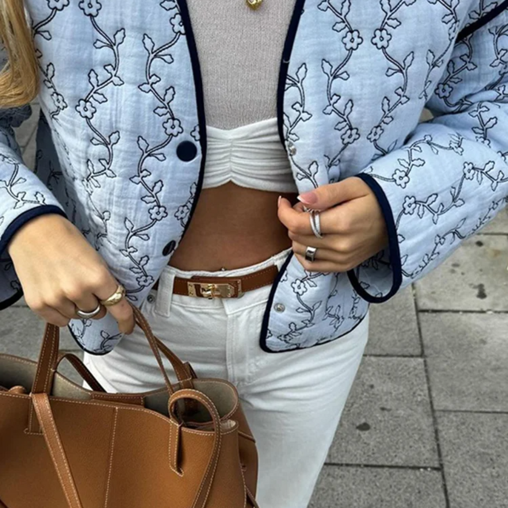 Emma's | Quilted V-Neck Jacket in Blue Floral Print