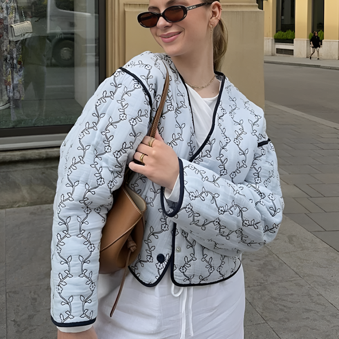 Emma's | Quilted V-Neck Jacket in Blue Floral Print