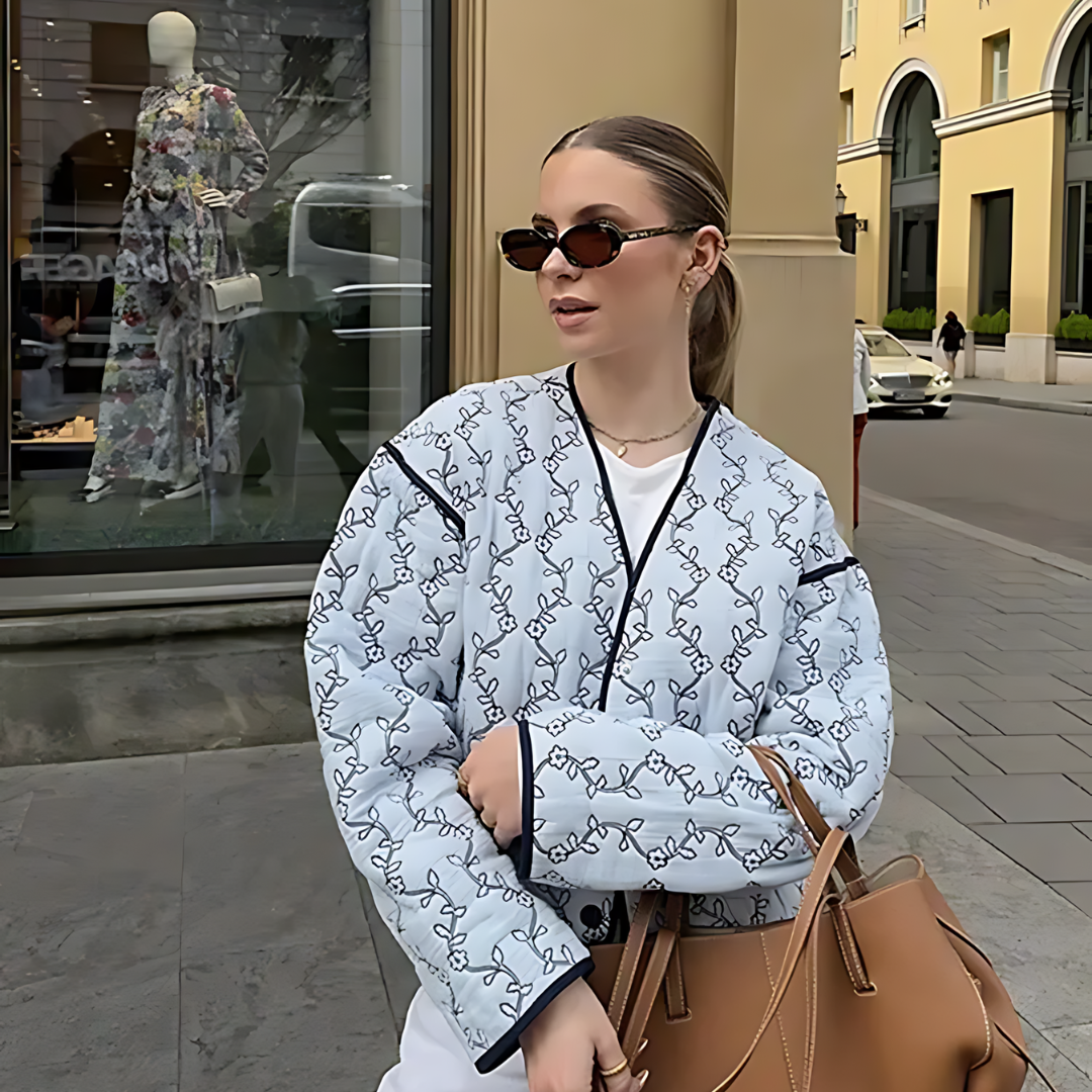 Emma's | Quilted V-Neck Jacket in Blue Floral Print