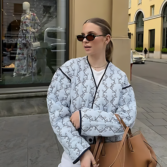 Emma's | Quilted V-Neck Jacket in Blue Floral Print