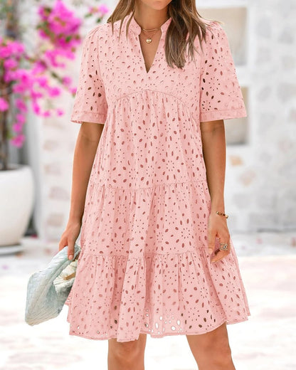 Ruffled Mini Dress in Pink Lace