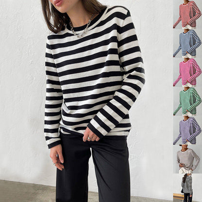 New Knitted Striped Long Sleeved Top