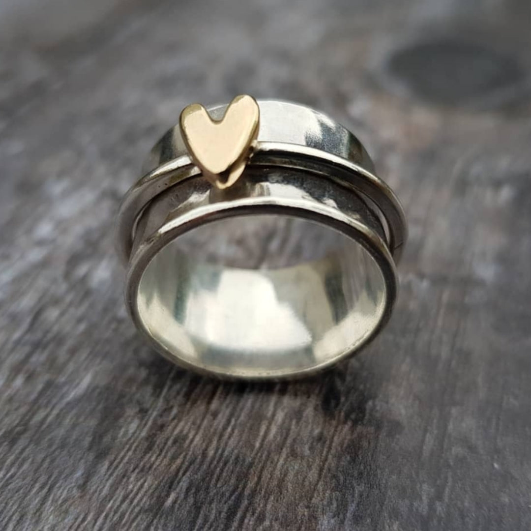 Antique Silver Ring with Golden Heart Design