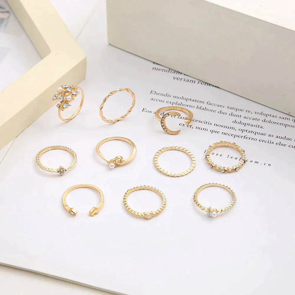 Set of 10 Bohemian Silver and Gold Plated Rings