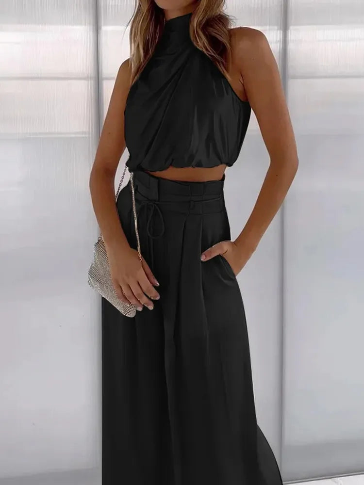 Isabella's Elegance - Draped Top and Pleated Trousers Ensemble