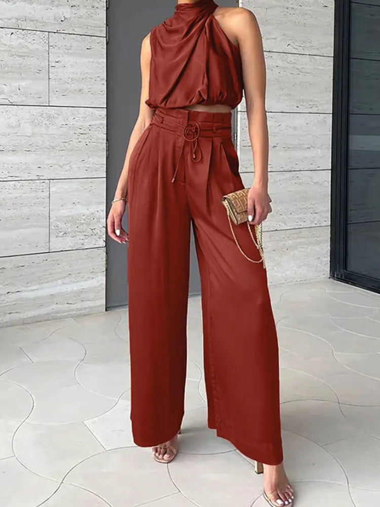 Isabella's Elegance - Draped Top and Pleated Trousers Ensemble
