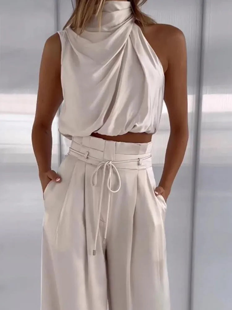 Isabella's Elegance - Draped Top and Pleated Trousers Ensemble