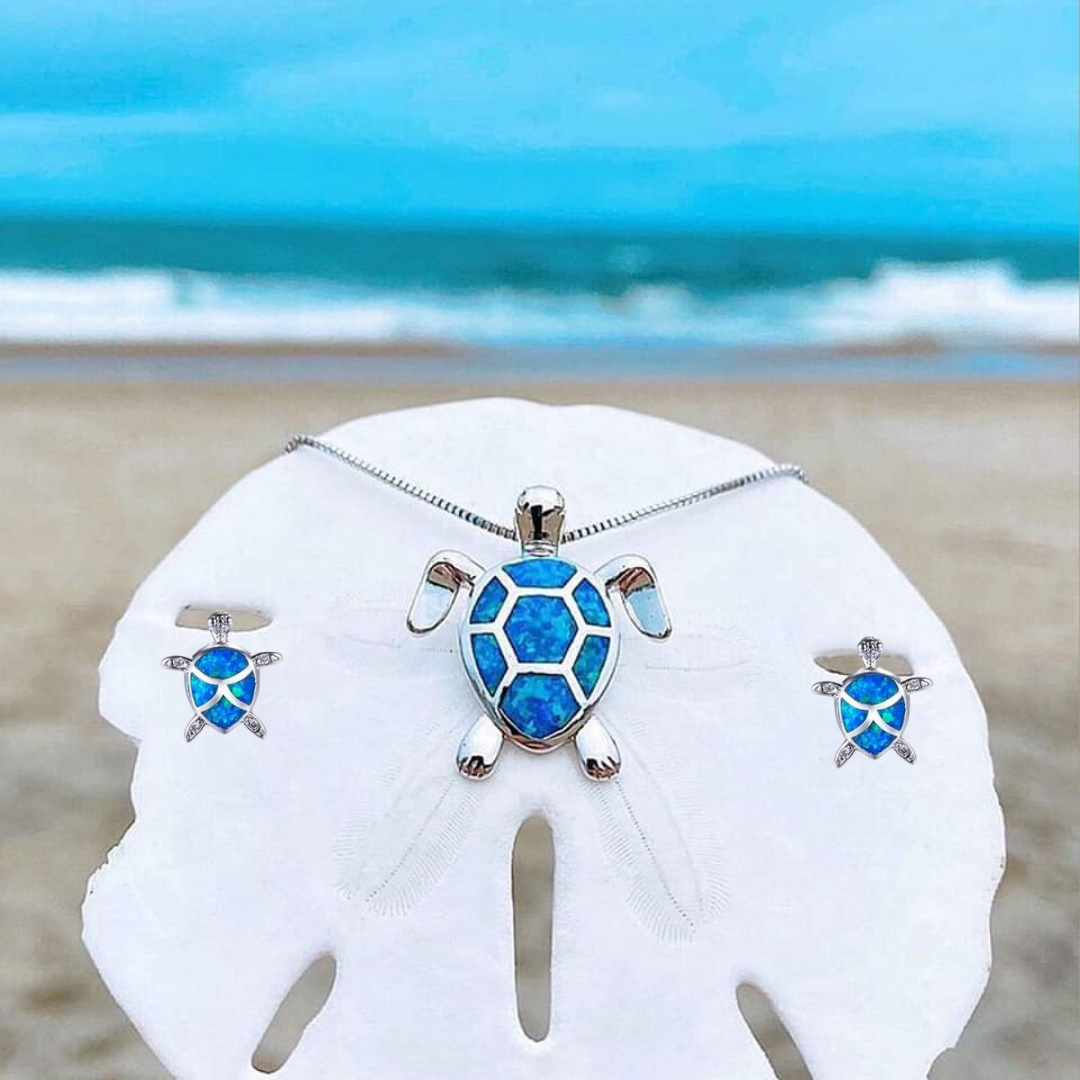 Opal and Silver Sea Turtle Necklace and Earring Set