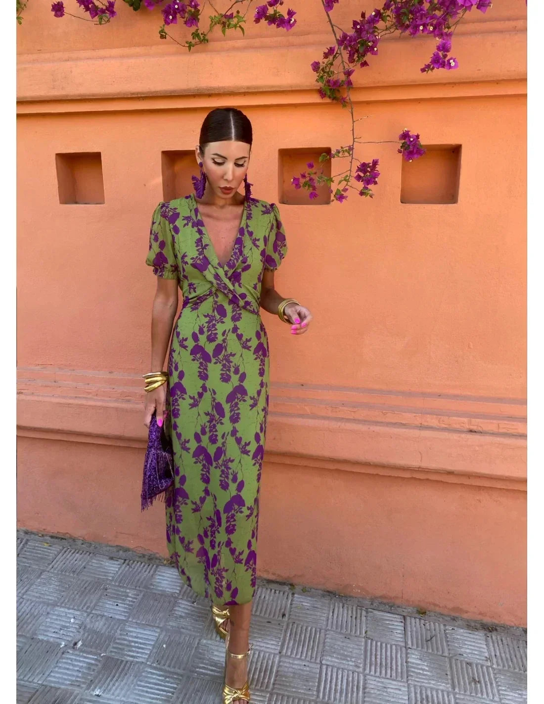 Olivia™ | Midi Dress with Floral Vine Wrap Design