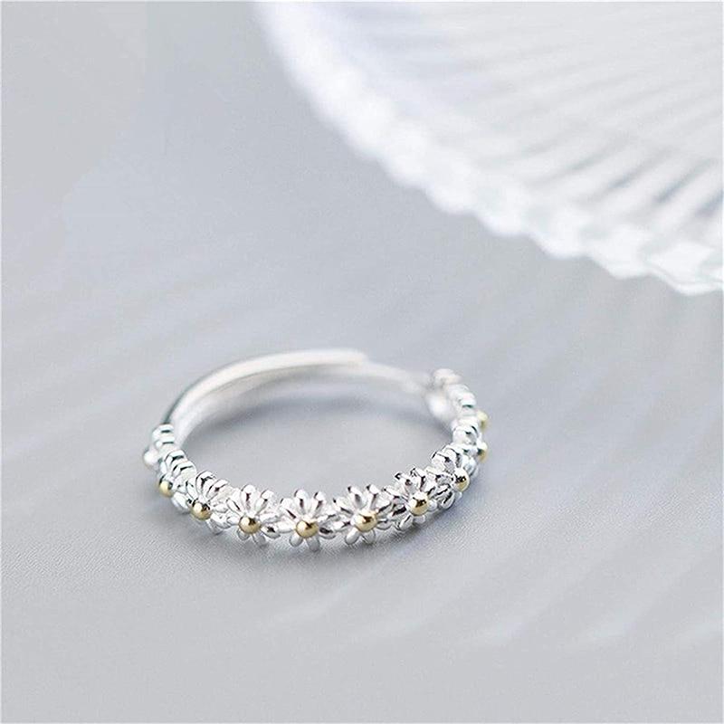 Adjustable Silver Ring with Hand-Painted Enamel Daisy Design