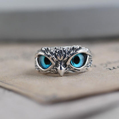 Silver and Opal Adjustable Ring Featuring the Owl of Good Luck