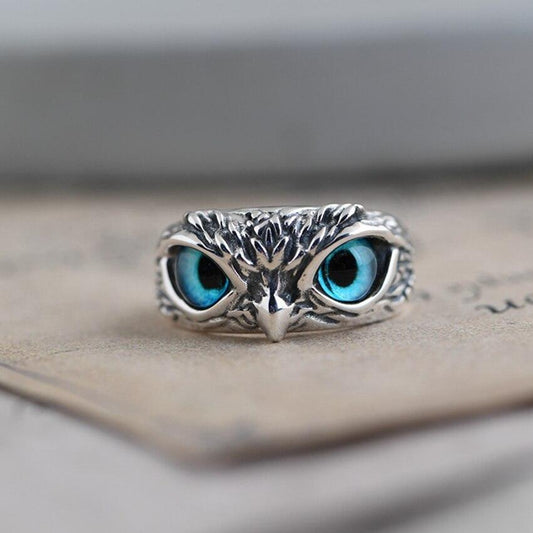 Silver and Opal Adjustable Ring Featuring the Owl of Good Luck