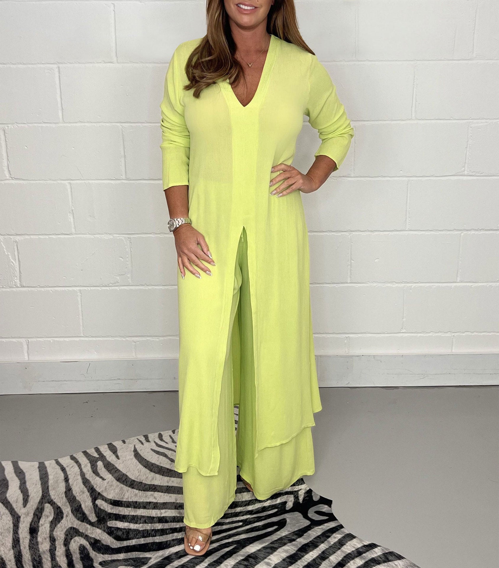 Global Elegance: V-Neck Split Luxe Blouse & Tailored Trousers