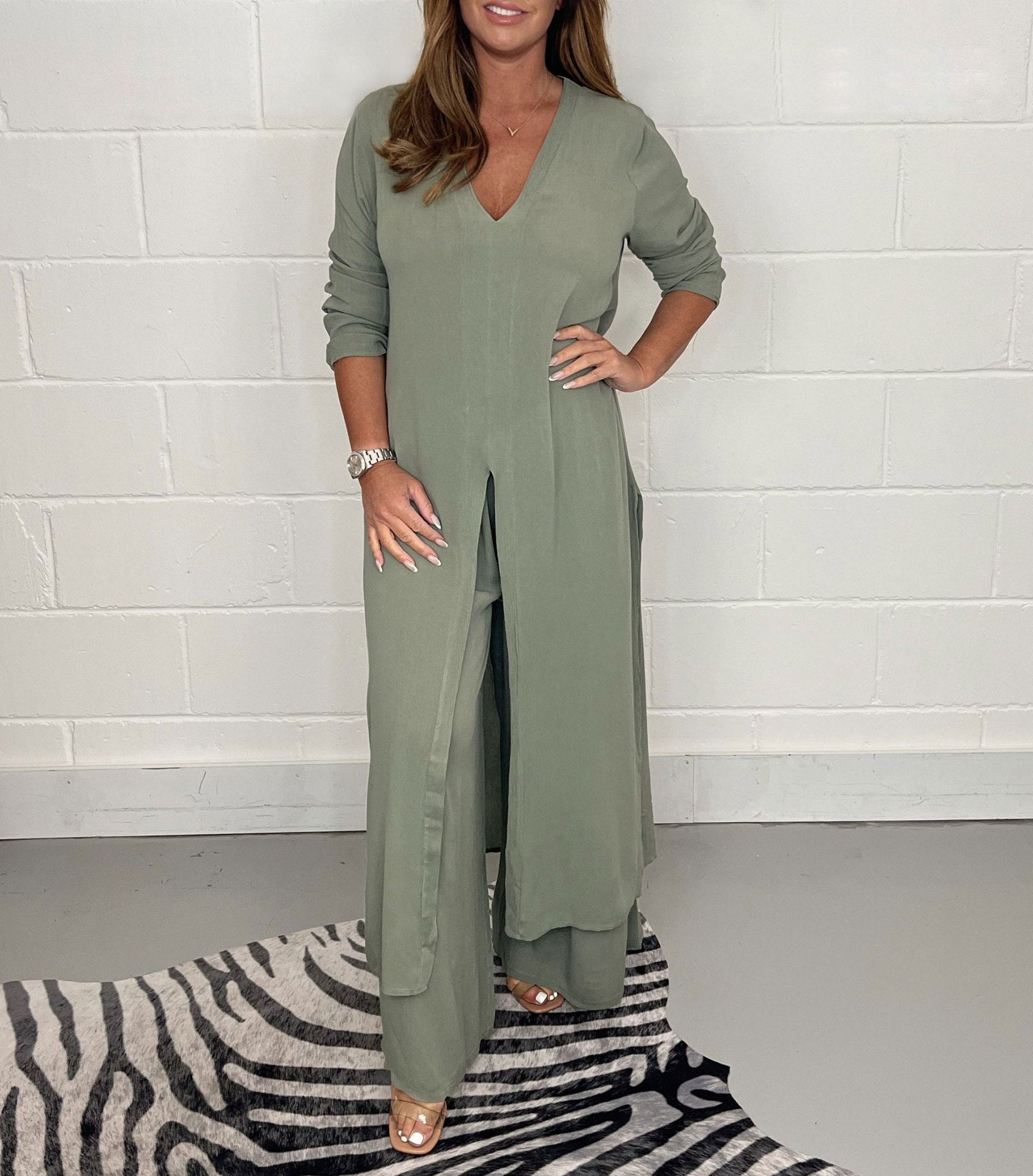 Global Elegance: V-Neck Split Luxe Blouse & Tailored Trousers