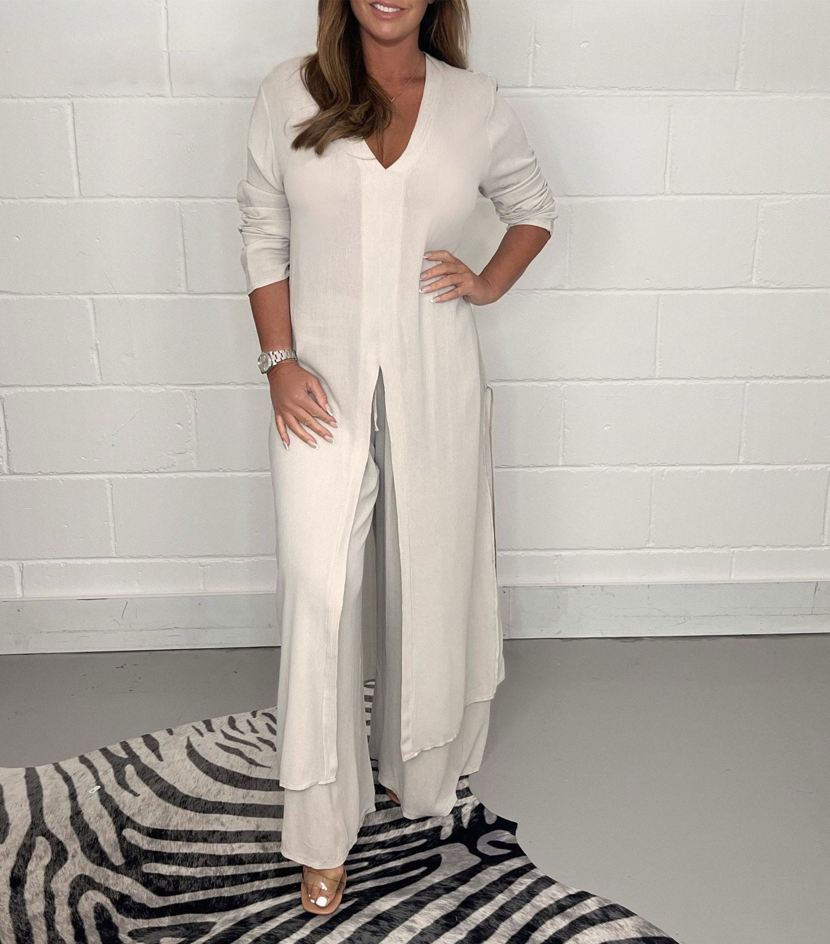 Global Elegance: V-Neck Split Luxe Blouse & Tailored Trousers