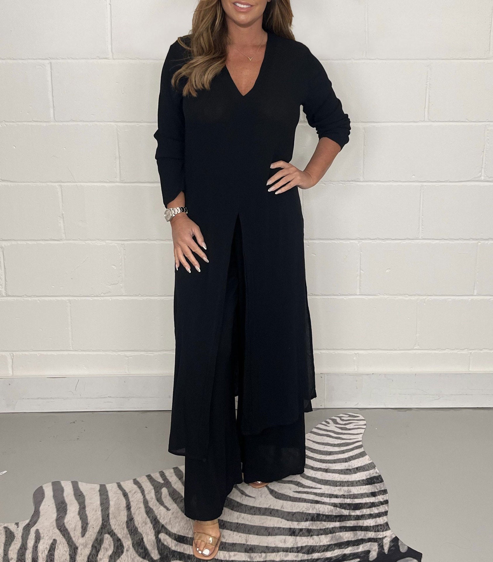 Global Elegance: V-Neck Split Luxe Blouse & Tailored Trousers