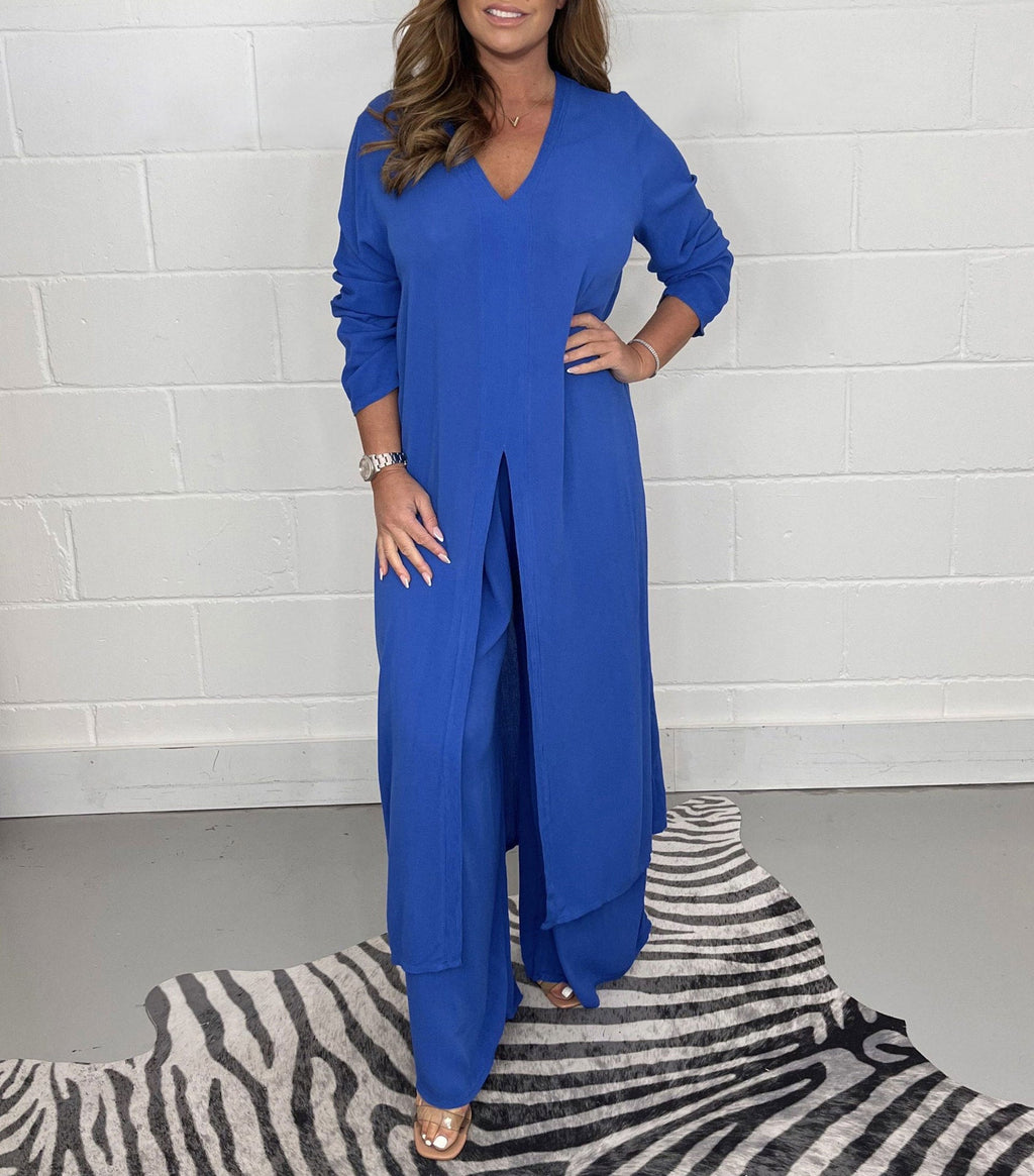 Global Elegance: V-Neck Split Luxe Blouse & Tailored Trousers