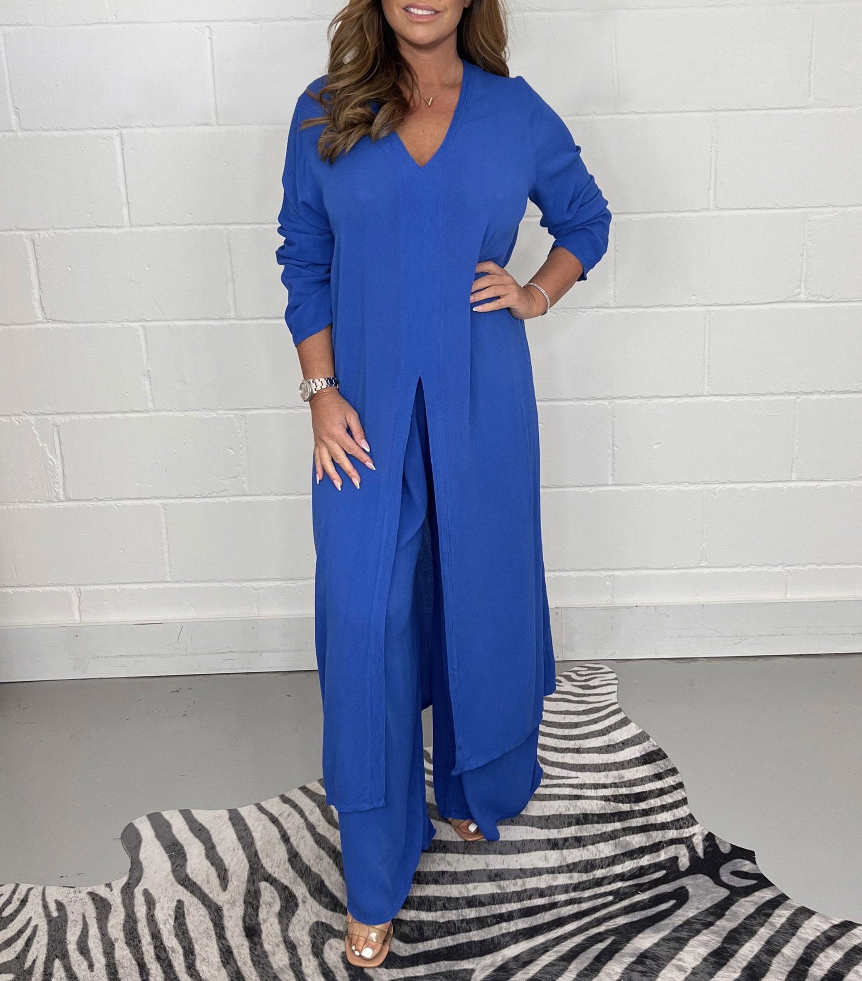 Global Elegance: V-Neck Split Luxe Blouse & Tailored Trousers