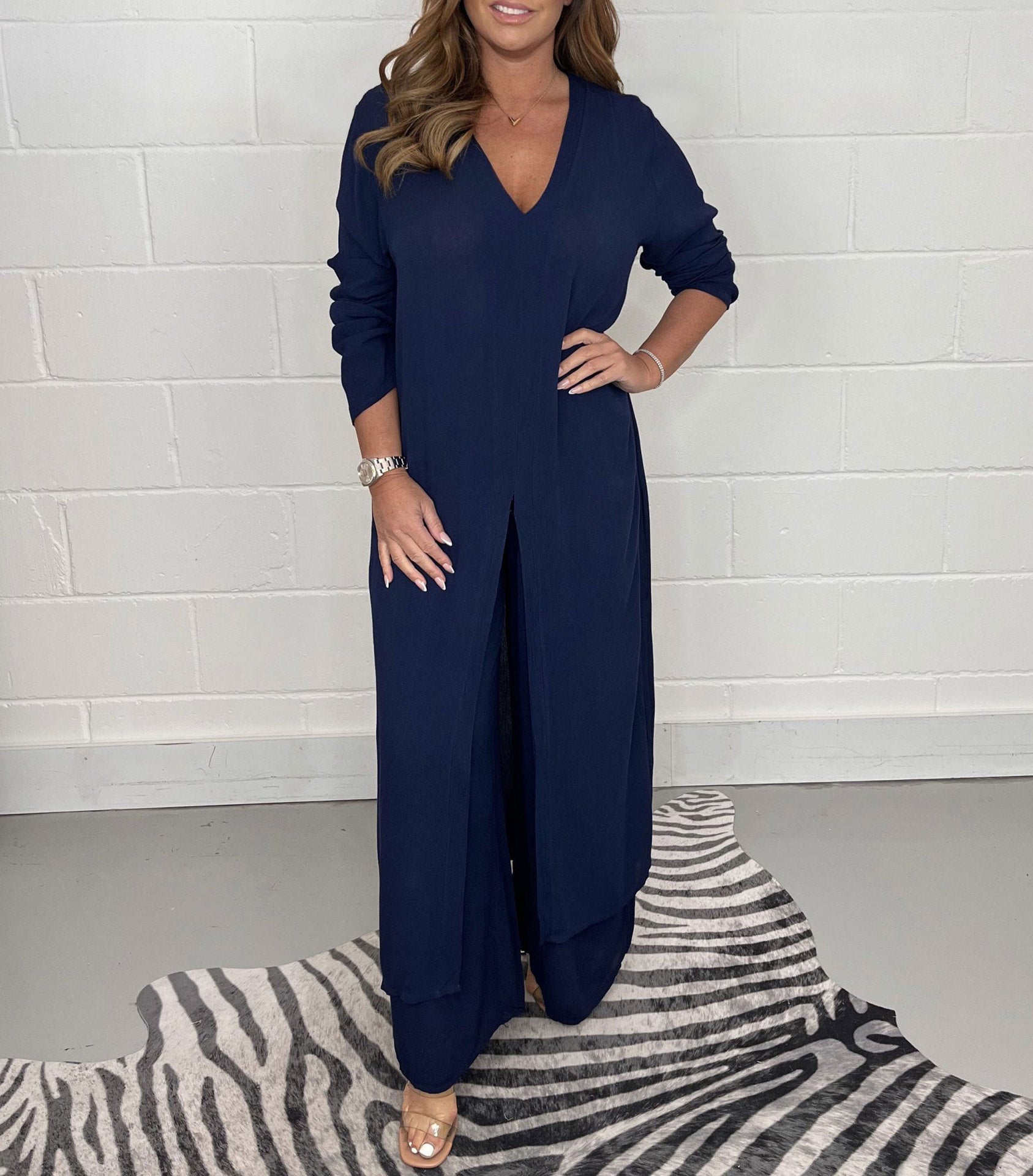 Global Elegance: V-Neck Split Luxe Blouse & Tailored Trousers