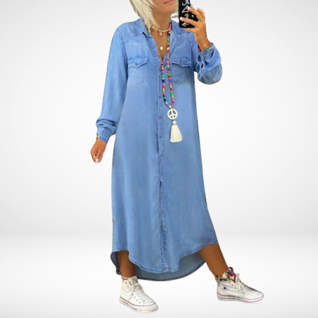 Ina - Maxi Dress with Long Sleeves in Denim