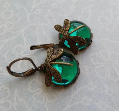 Antique Gold Spherical Dragonfly Earrings