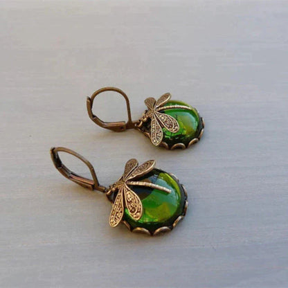 Antique Gold Spherical Dragonfly Earrings